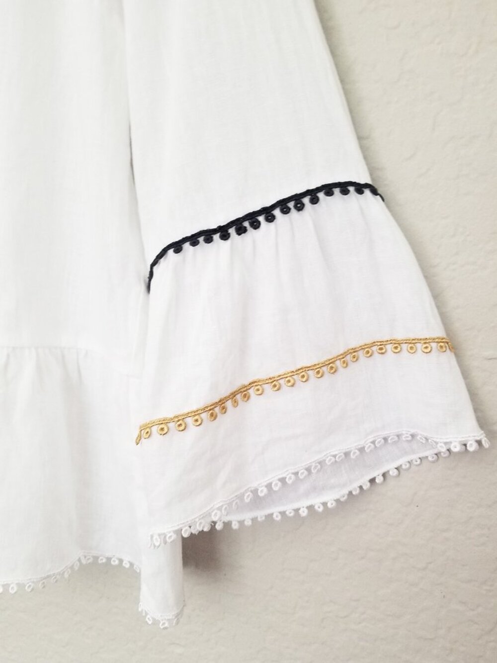 Purotatto 100% Linen Flax Blouse Top White Bell Sleeves Crochet Trim Italy 44 M - Picture 6 of 13